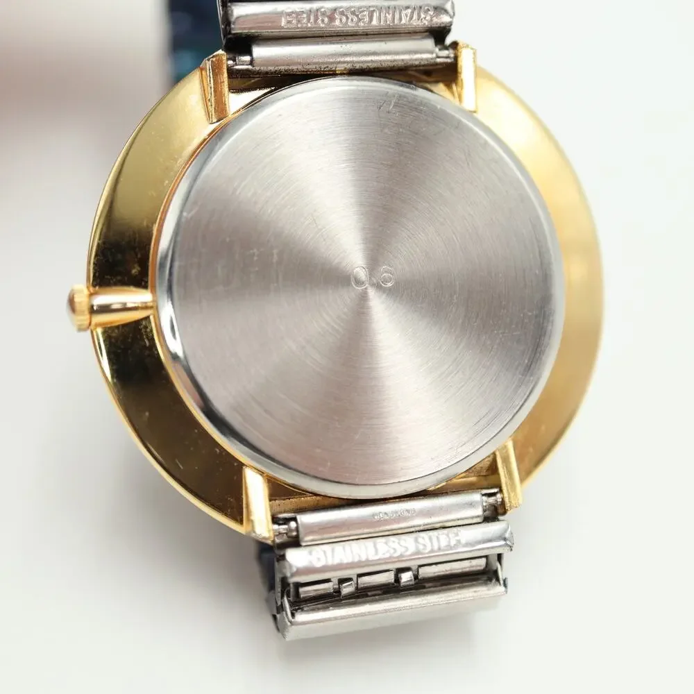 Vintage Pierre Nicol Blue Gold Tone Round 42mm Watch Stretch Band w New Battery